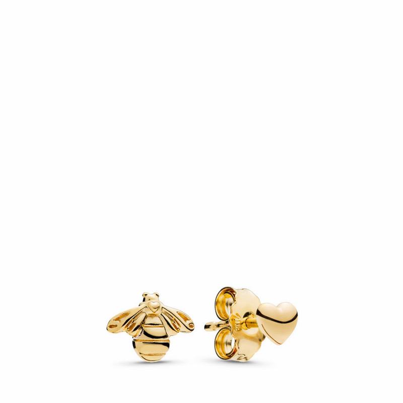 Pandora Shine™ Heart & Bee Stud Earrings Ireland - 18ct Gold Plated - 017356NSV